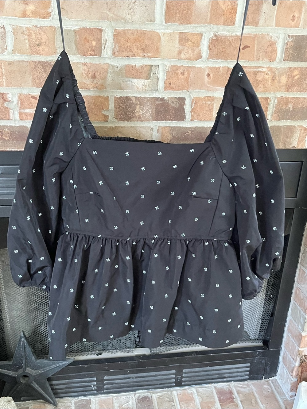 Square-Neck Black Puff-Sleeve Peplum Tunic with Micro Floral Print